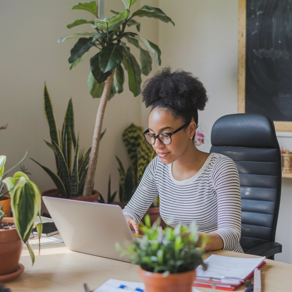 Executive assistant working from a bright home office supporting global executives remotely
