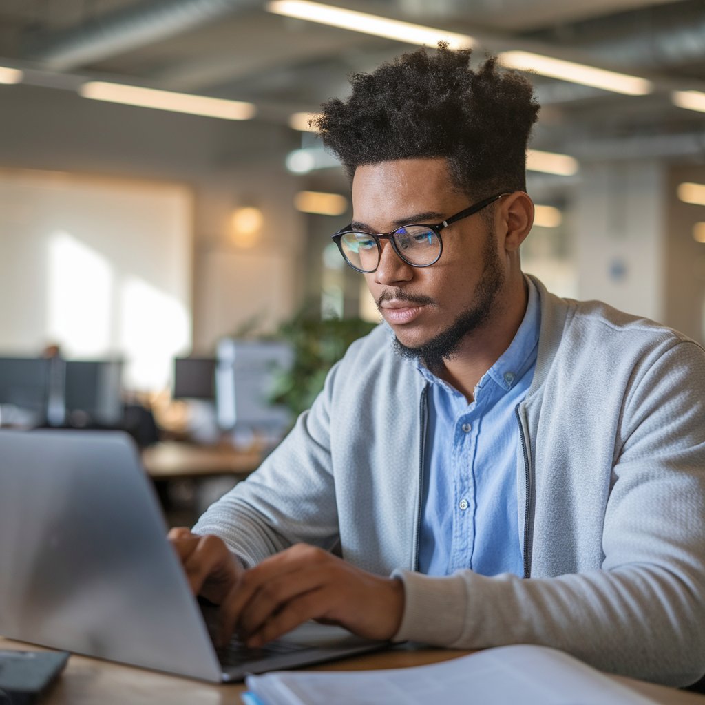Data analyst reviewing dashboards and business intelligence reports in a modern office