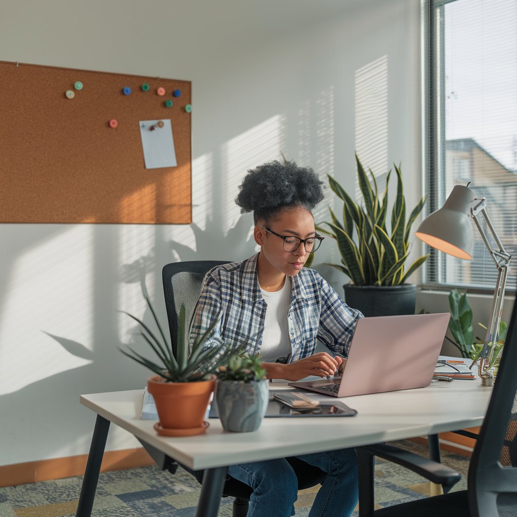 Medical virtual assistant coordinating patient care remotely from an organized home-office desk