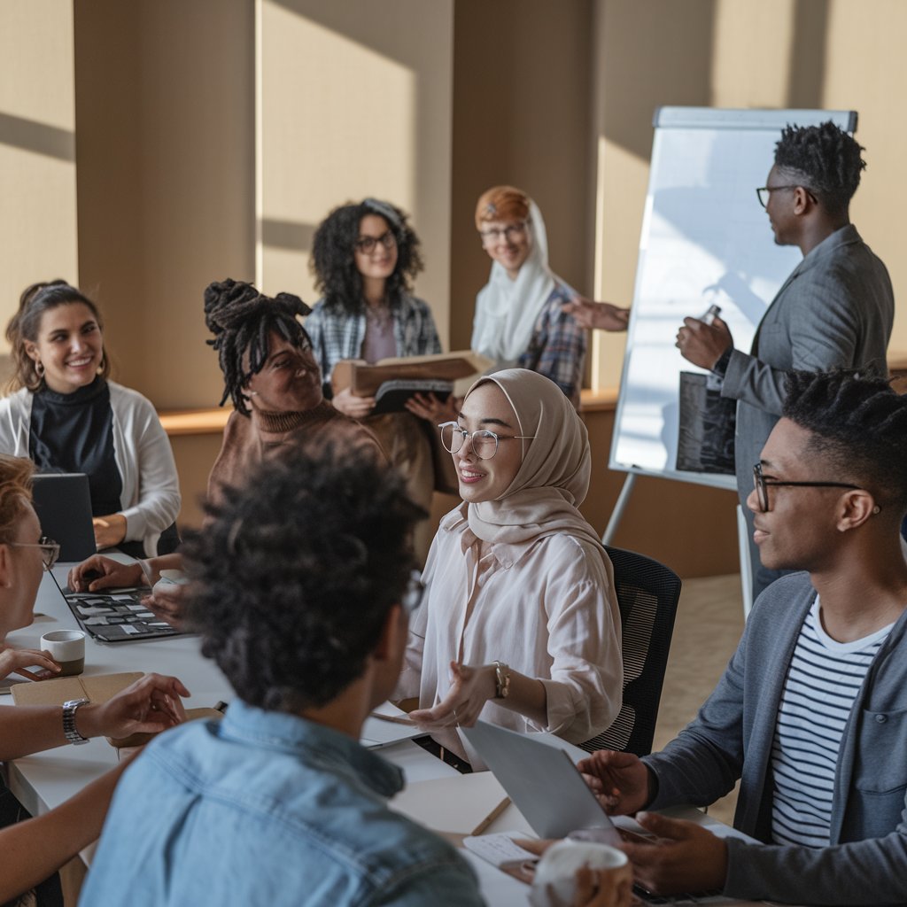 Diverse team of professionals from healthcare, legal, technology, and finance industries collaborating in a bright modern workshop